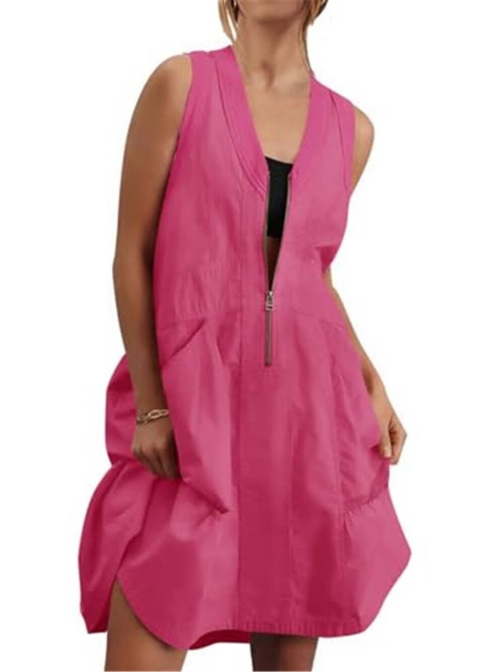 Women's Pink Sleeveless Tank Mini Dress Casual Half Zip V Neck Loose Mesh